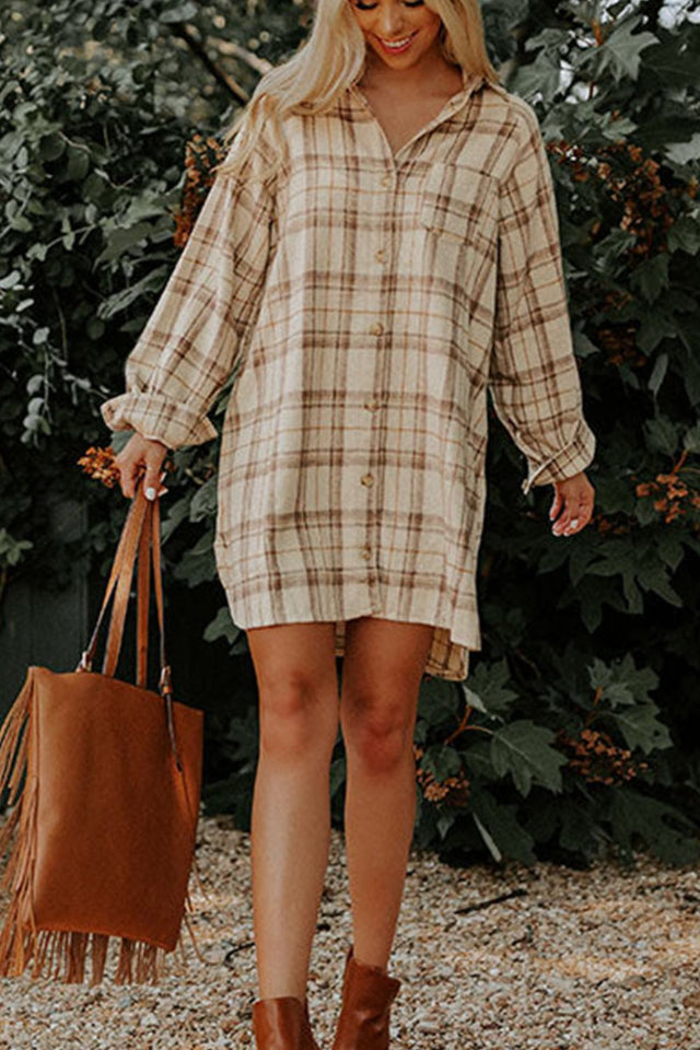 Plaid Collared Neck Long Sleeve Mini Shirt Dress | Hanalas