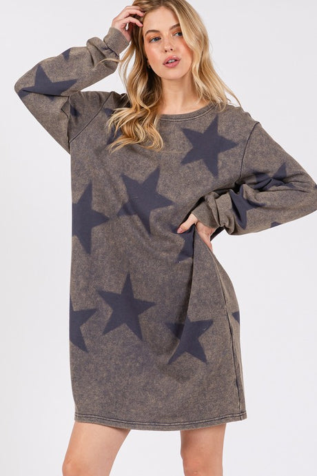 SAGE + FIG Washed Star Print Round Neck Dress | Hanalas