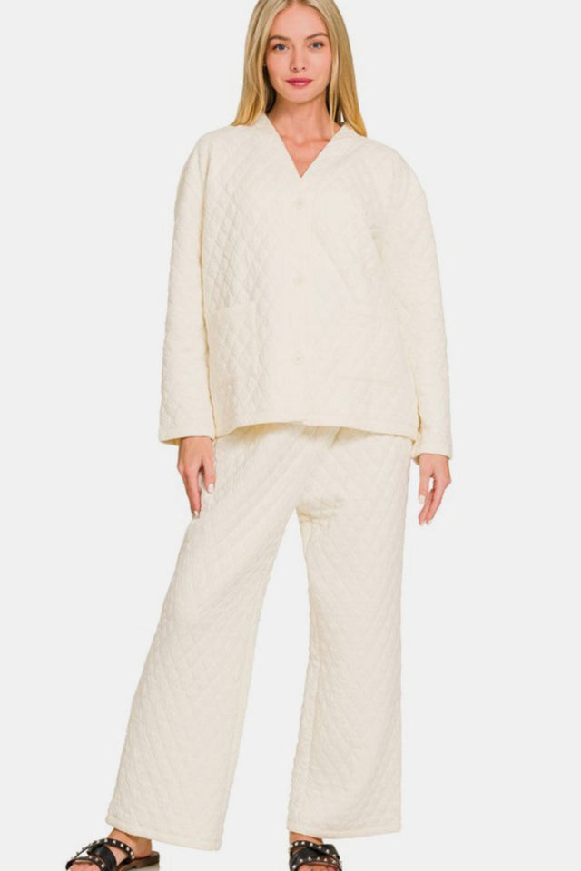 Zenana Quilted Button Up Long Sleeve Top and Pants Lounge Set | Hanalas