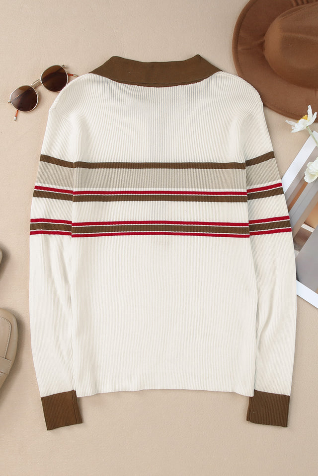 Half Button Contrast Stripe Long Sleeve Knit Top | Hanalas