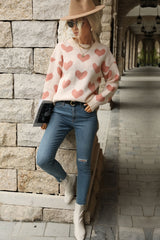 Perfee Heart Pattern Dropped Shoulder Sweater