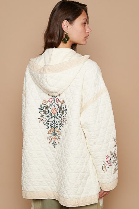 POL Embroidered Open Front Quilted Jacket with Crochet Pockets | Hanalas