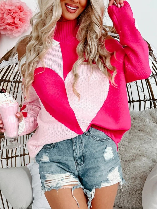 Valentine's Day Heart Turtleneck Cold Shoulder Sweater | Hanalas