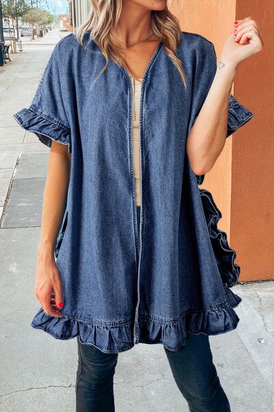 Ruffled Open Front Denim Top | Hanalas