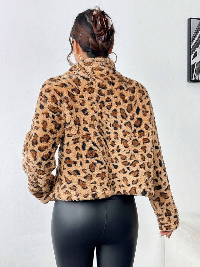 Fuzzy Turtleneck Leopard Zip Up Jacket | Hanalas