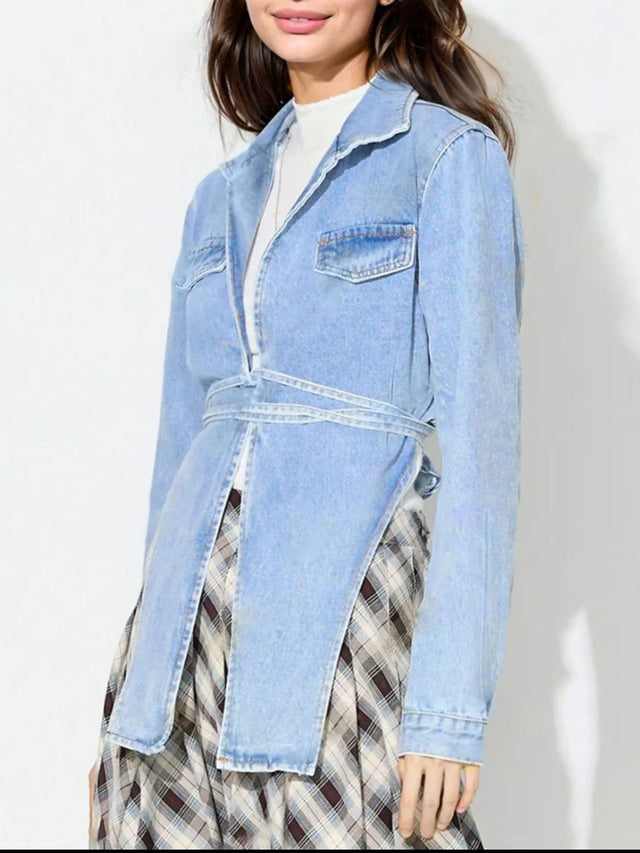 Asymmetric Slit Collared Neck Long Denim Top Trendsi Hanalas