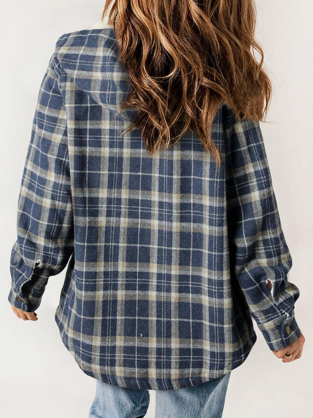 Plaid Snap Down Plush Hooded Jacket | Hanalas