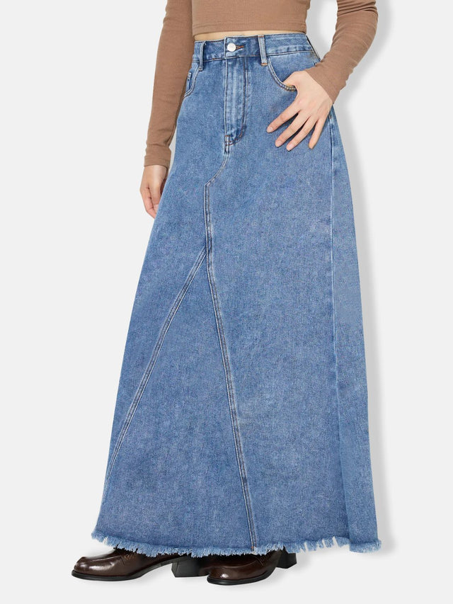 Raw Hem Maxi Denim Skirt Trendsi Hanalas