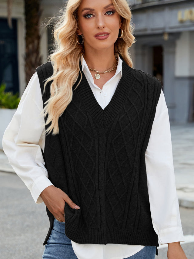 Cable Knit V-Neck Sweater Vest Trendsi Hanalas