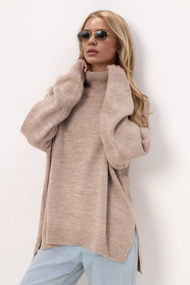 Basic Bae Side Slit Turtleneck Long Sleeve Sweater Trendsi Hanalas