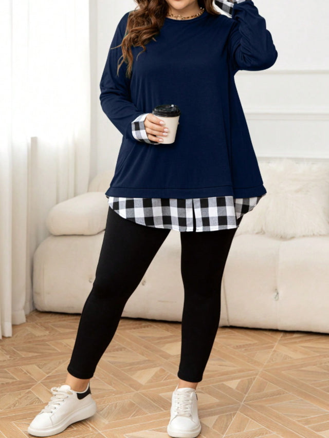 Plus Size Plaid Hem Round Neck Long Sleeve Sweatshirt Trendsi Hanalas