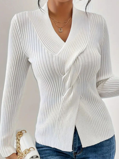 Twist Front Ribbed Long Sleeve Sweater | Hanalas