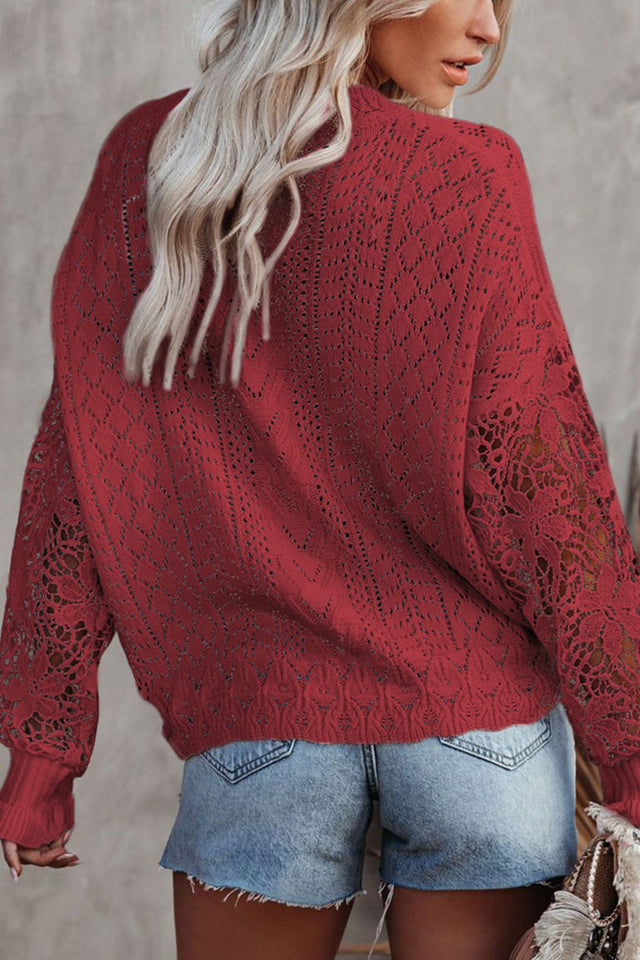 Openwork Round Neck Long Sleeve Sweater | Hanalas