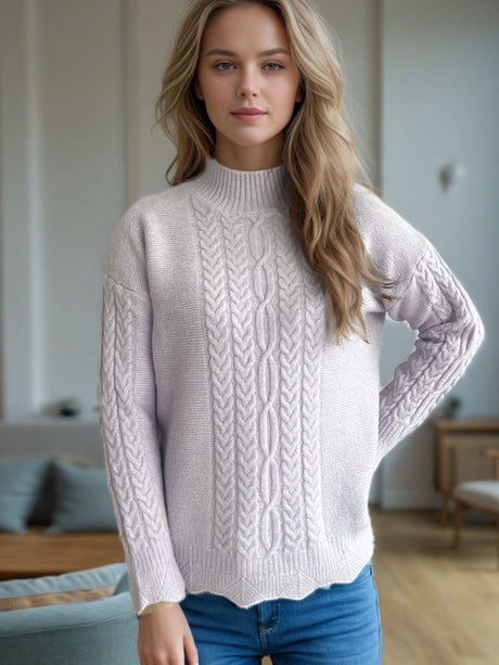 Cable-Knit Mock Neck Dropped Shoulder Sweater | Hanalas