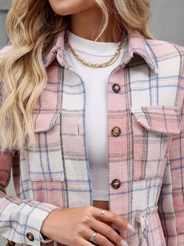 Drawstring Plaid Button Up Jacket with Chest Pockets | Hanalas