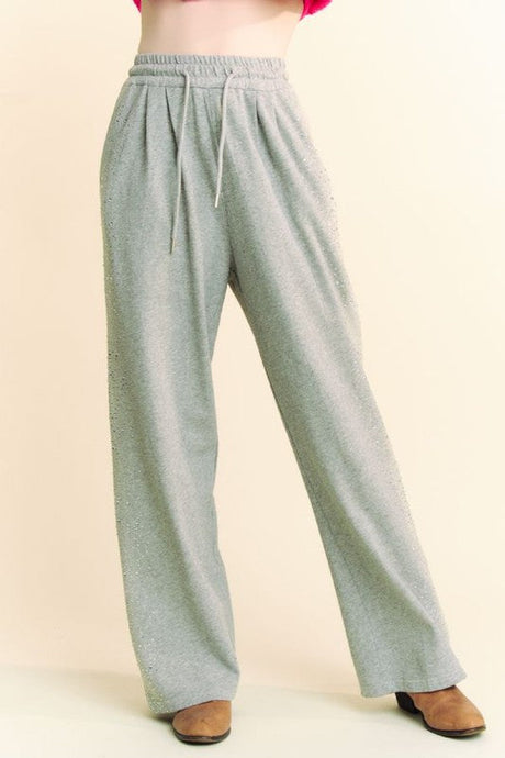 Davi & Dani Rhinestone Elastic Waist Wide Leg Pants | Hanalas
