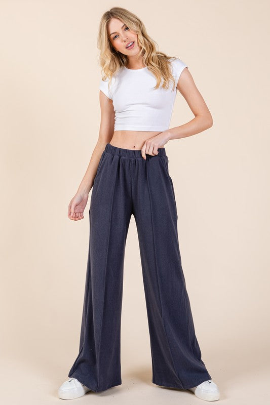 BOMBOM Elastic Waist Wide Leg Pants with Pockets | Hanalas