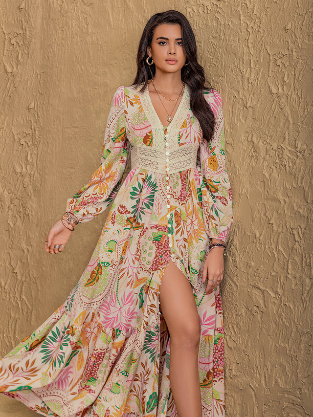 Lace Detail Printed V-Neck Long Sleeve Midi Dress Trendsi Hanalas