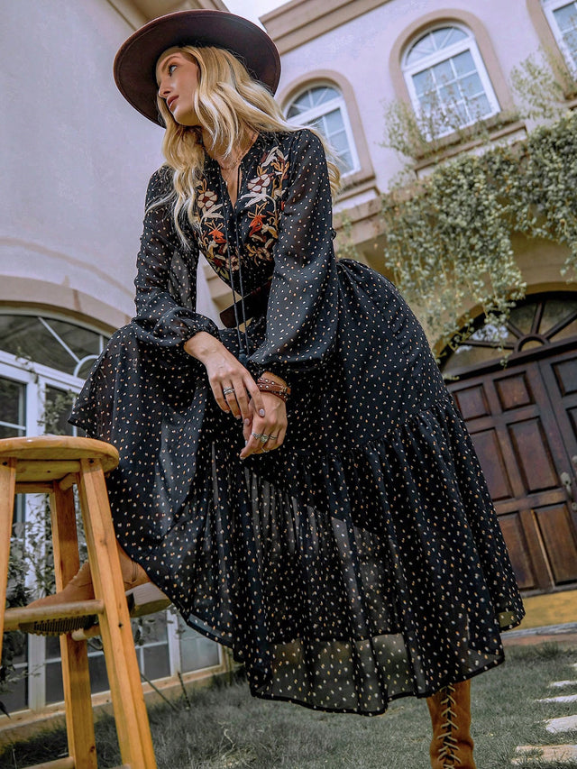 Embroidered Polka Dot Tie Neck Long Sleeve Midi Dress Trendsi Hanalas