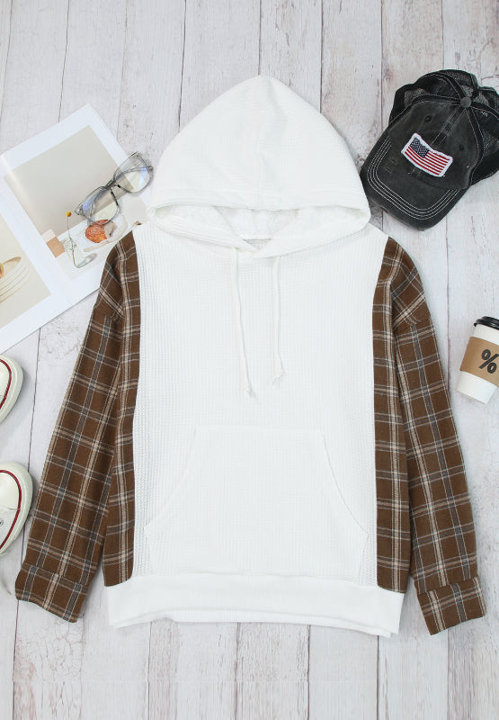 Waffle Knit Plaid Long Sleeve Kangaroo Pocket Hoodie | Hanalas