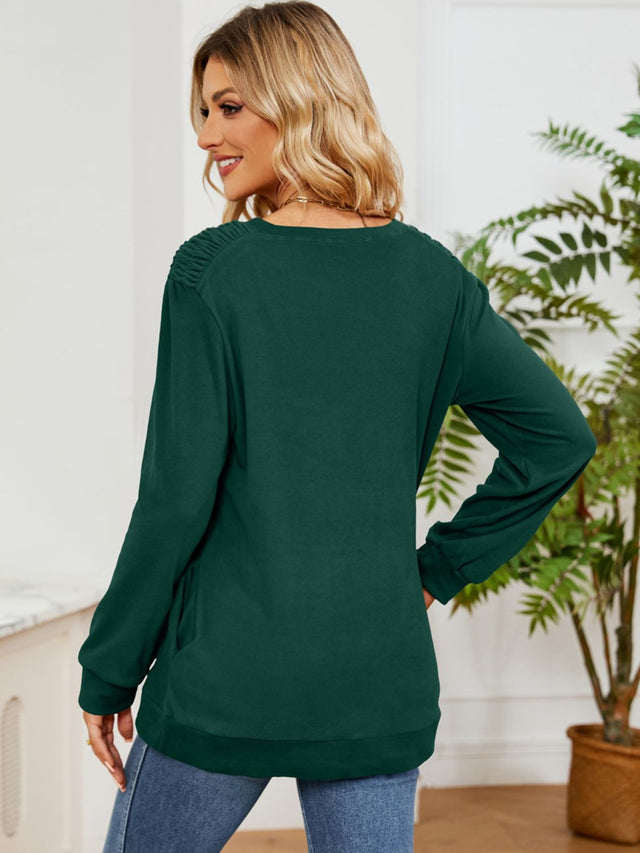 Ruched Shoulder Round Neck Long Sleeve Sweatshirt | Hanalas