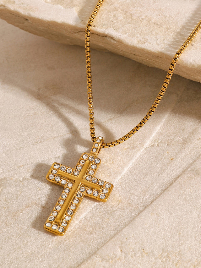 18K Gold-Plated Inlaid Zircon Cross Necklace | Hanalas