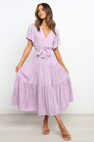 Tied Back Tiered Short Sleeve Midi Dress | Hanalas