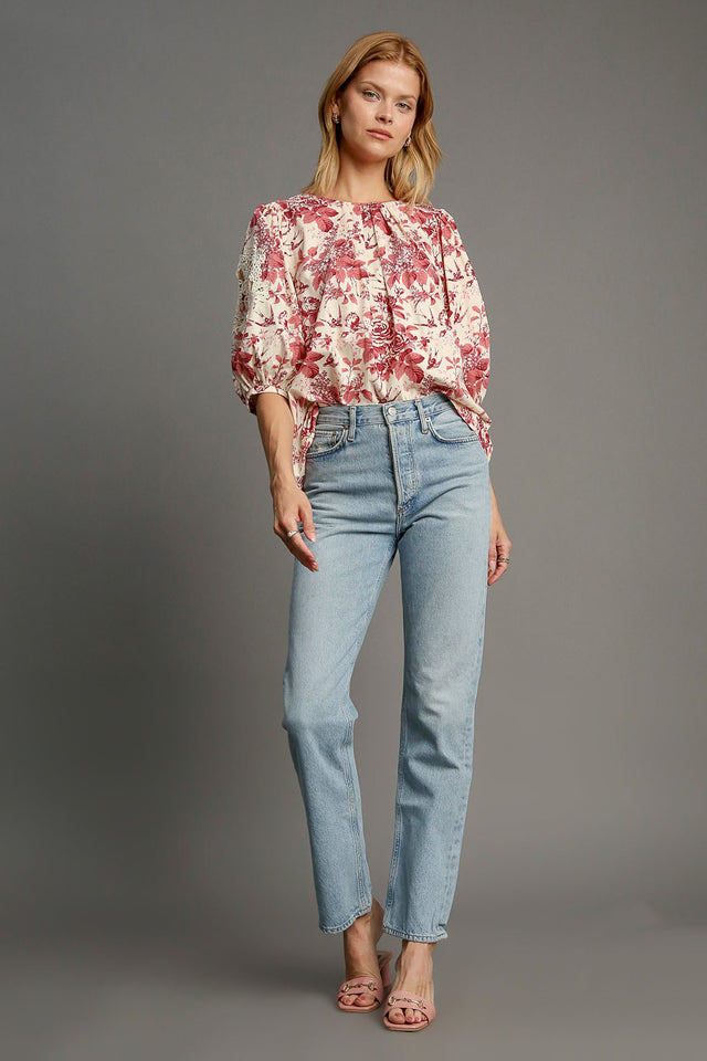 Umgee Floral Pleated Detail Lace Trim Sleeve Blouse | Hanalas