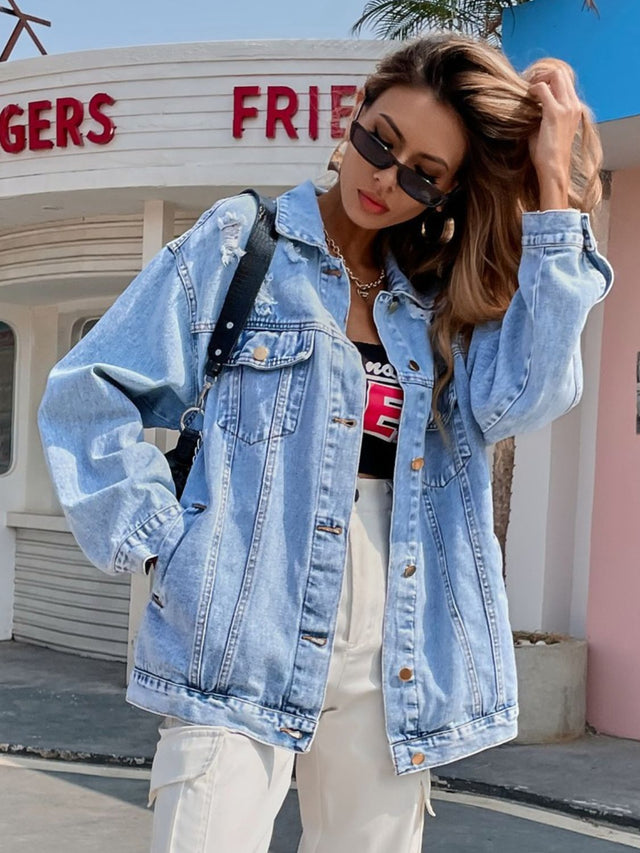 Distressed Button Up Long Sleeve Denim Top Trendsi Hanalas