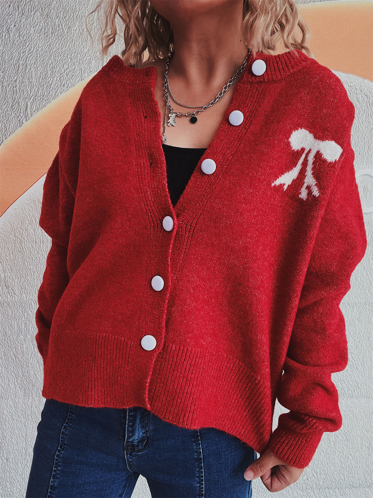 Bow Round Neck Button Up Long Sleeve Cardigan