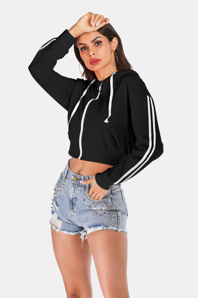 Perfee Side Stripe Drawstring Cropped Hooded Jacket