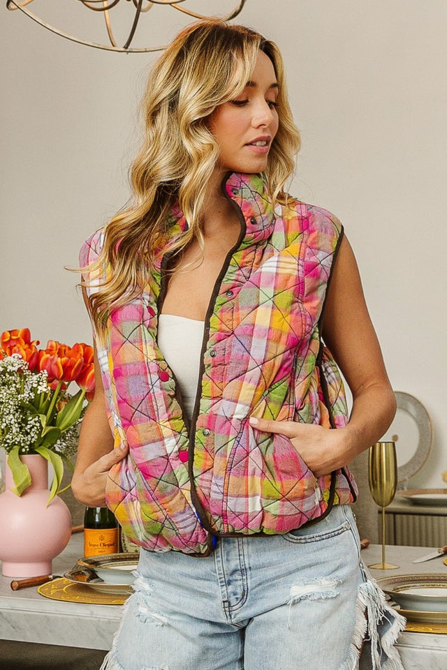 BiBi Quilted Washed Plaid Snap Down Vest | Hanalas