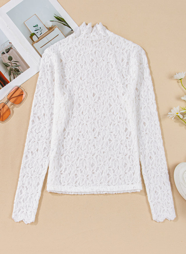 Flower Lace Mock Neck Long Sleeve Top | Hanalas