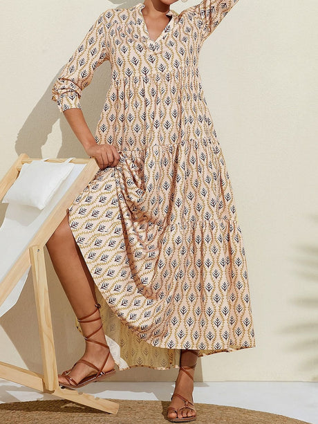 Printed Notched Long Sleeve Midi Dress Trendsi Hanalas