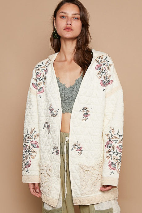 POL Embroidered Open Front Quilted Jacket with Crochet Pockets | Hanalas