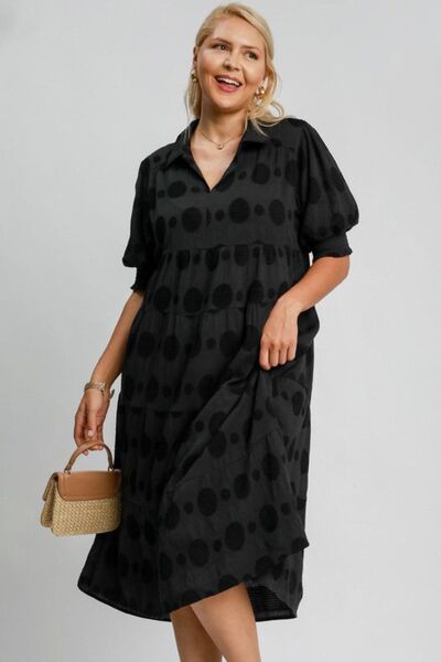 Umgee Full Size Swiss Dot Jacquard Tiered Midi Dress Plus Size | Hanalas