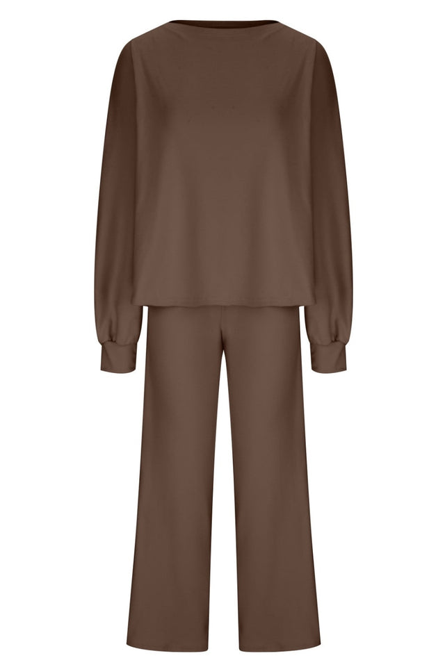 Round Neck Long Sleeve Top and Pants Set | Hanalas