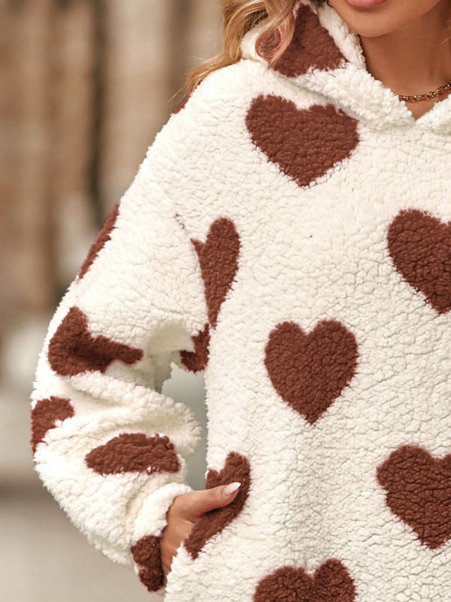 Fuzzy Heart Pocketed Dropped Shoulder Hoodie | Hanalas