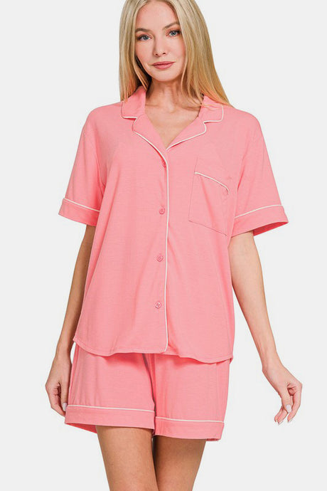 Zenana Button Down Short Sleeve Top and Shorts Lounge Set | Hanalas