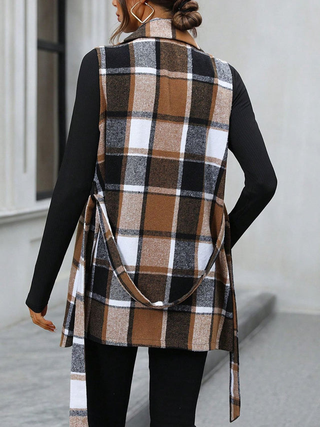 Tied Plaid Collared Neck Vest | Hanalas