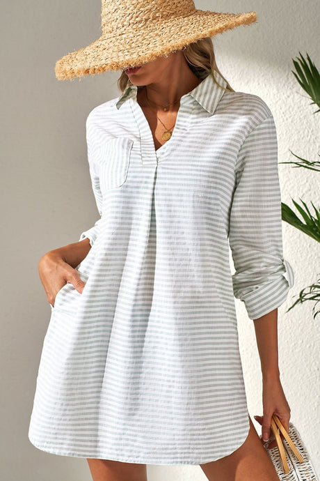 Striped Johnny Collar Long Sleeve Mini Shirt Dress | Hanalas
