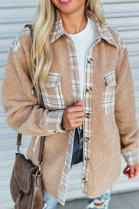 Pocketed Plaid Collared Neck Sherpa Jacket | Hanalas