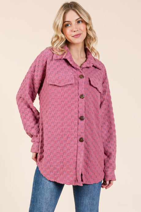 BOMBOM Checkered Button Down Dropped Shoulder Shacket | Hanalas