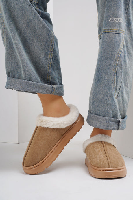 Furry Round Toe Platform Slippers | Hanalas