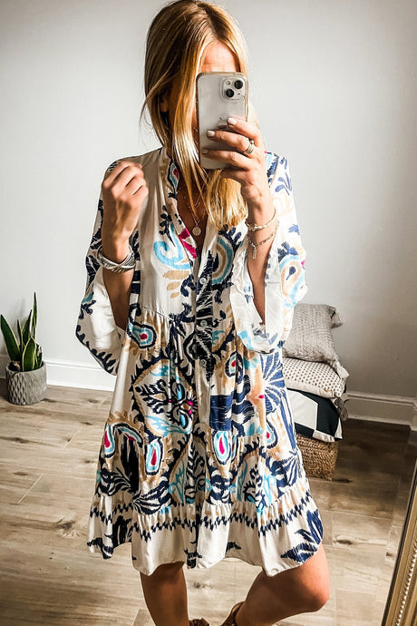 Printed Notched Three-Quarter Sleeve Mini Dress | Hanalas