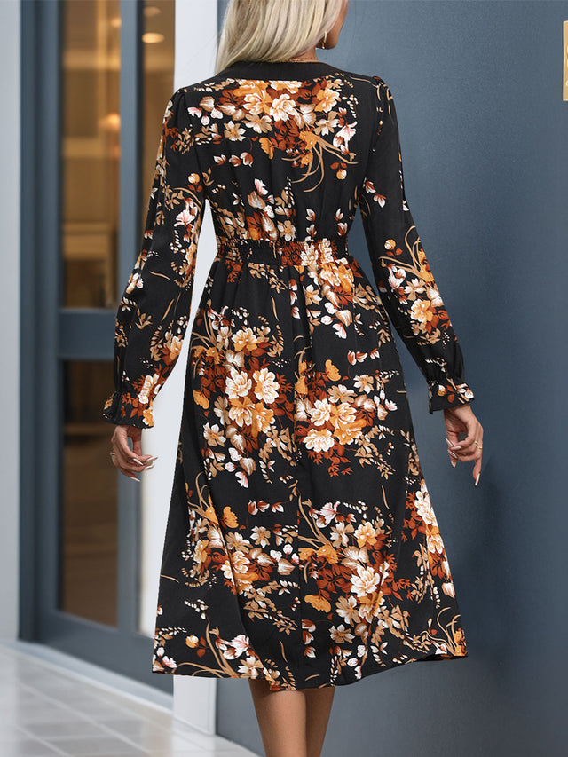 Perfee Printed Notched Long Sleeve Midi Dress