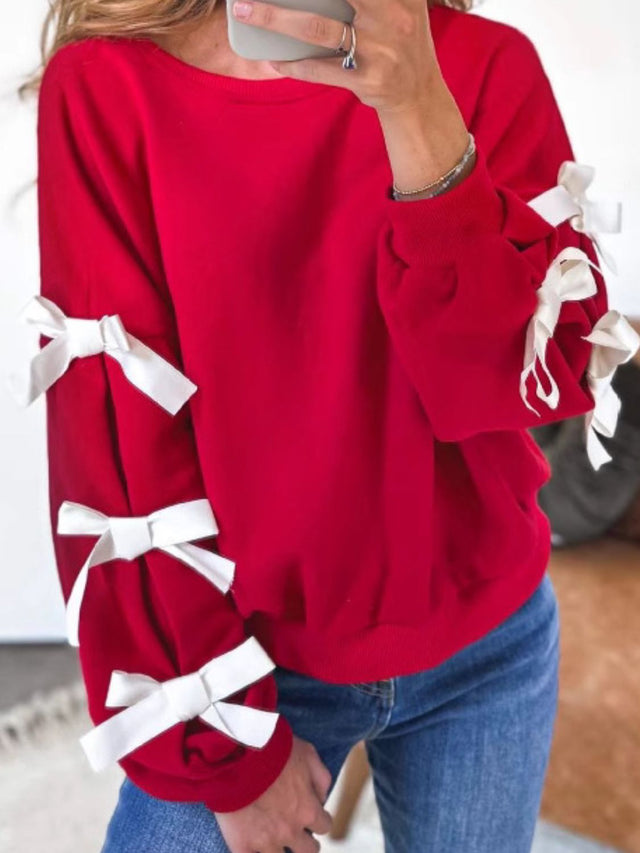 Contrast Bow Round Neck Long Sleeve Sweatshirt | Hanalas