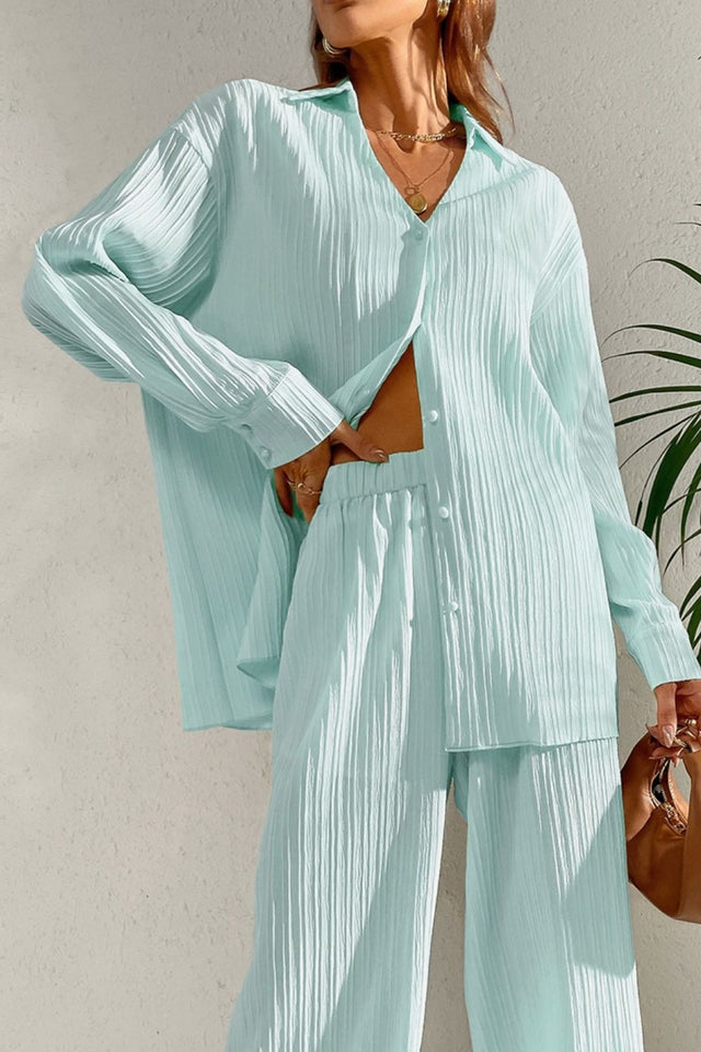 Johnny Collar Button Down Top and Pants Set | Hanalas