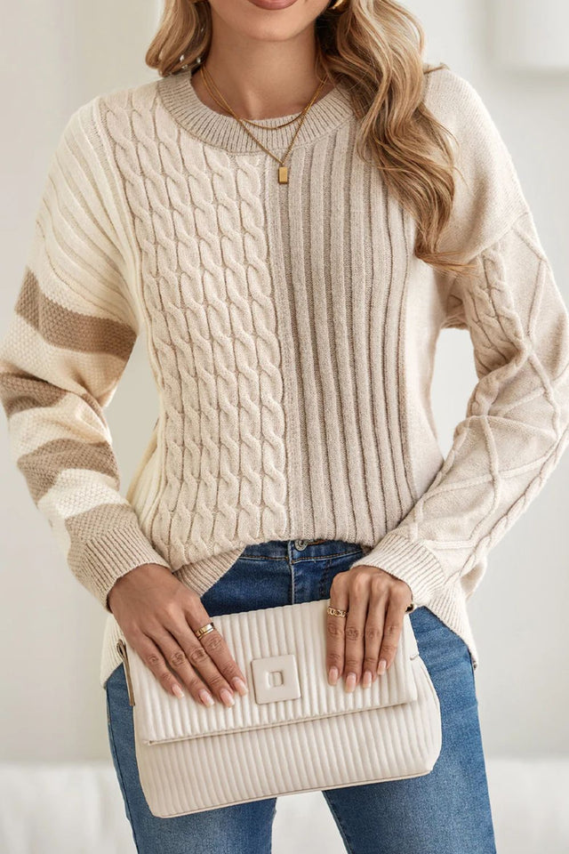 Cable-Knit Color Block Round Neck Sweater Trendsi Hanalas