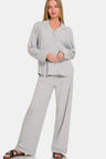 Zenana Button Down Long Sleeve Top and Pants Lounge Set | Hanalas